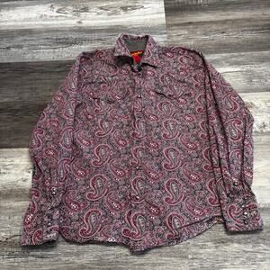 Rodeo Burgundy Red Mens M Paisley Pearl Snap Button Up Shirt Long Sleeve‎ Disco
